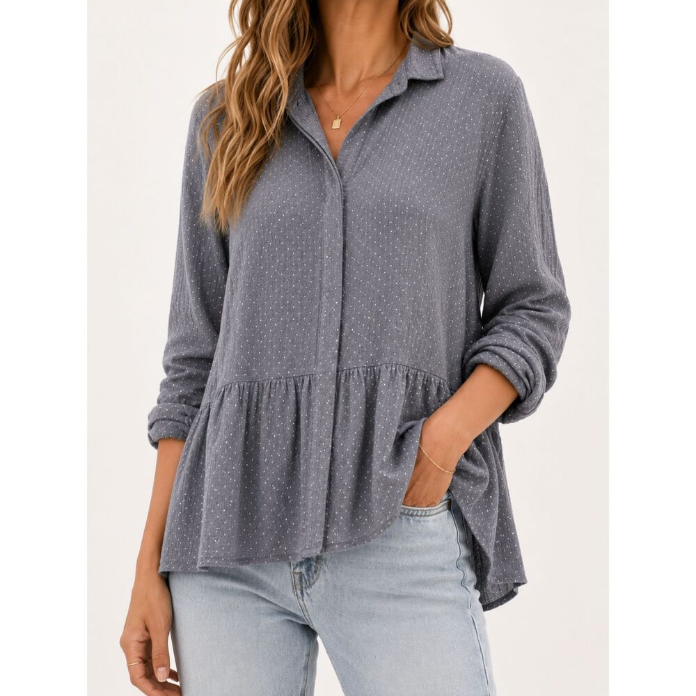 Sunday in Brooklyn Gray Swiss Dot Peplum Button Front 100% Cotton Tunic Top M